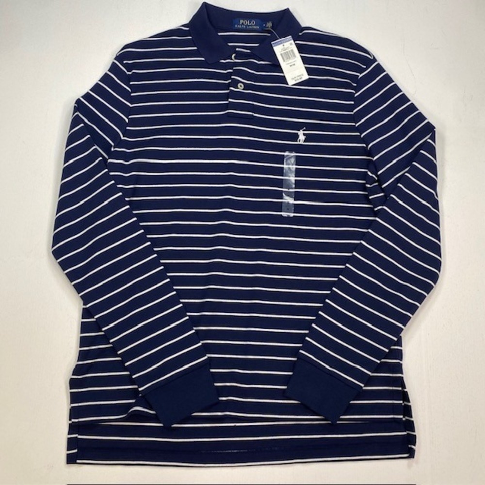 Polo Ralph Lauren Mens Long Sleeve Striped Polo Shirt French Navy White Size M